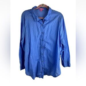 Woman Within Button Up Collar Solid Blue Swiss Dot Shirt Woman 1X 22/24 Cotton
